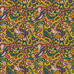 Cute abstract doodle artistic sketch seamless pattern.  Background with crazy messy doodle art with different shapes, curls. Fantasy texture, textile, wrap, fabric.