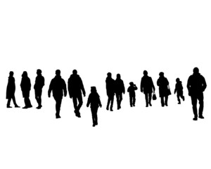 Big crowds people on street. Isolated silhouette on a white background