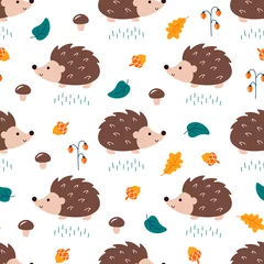 Foto op Canvas Cute seamless pattern with hedgehogs, leaves, mushrooms, berries and acorns. Autumn children's background in cartoon style for printing on clothing, fabric, stationery and wrapping paper © Janeberry