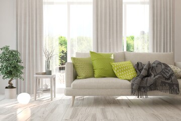 White living room with sofa and summer landscape in window. Scandinavian interior design. 3D illustration