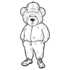 Teddy bear in sports clothes and a cap. Sketch scratch board imitation coloring.