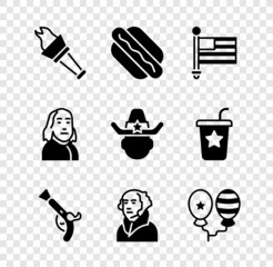 Set Torch flame, Hotdog sandwich, American flag, Vintage pistols, George Washington, Balloons, Benjamin Franklin and Sheriff cowboy icon. Vector