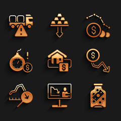 Set Hanging sign with Sale, Global economic crisis news, Glass money jar coin, Dollar rate decrease, Money bomb dollar, and Stop delivery cargo truck icon. Vector