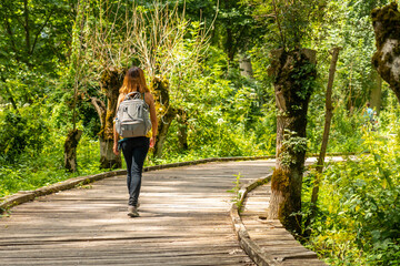 A young woman walking on the trek on the trail between La Garette and Coulon, Marais Poitevin the...