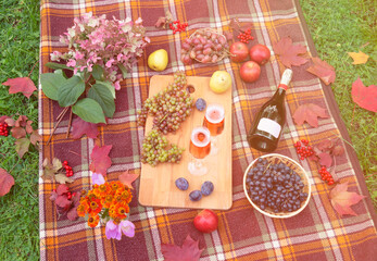 Autumn outdoor picnic setting with rose champagne, fruits and flowers. Top view.