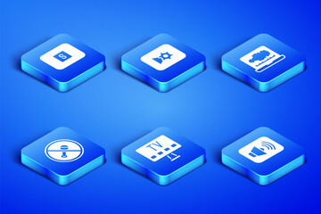 Set Speaker volume, Stop media button, Smart Tv, Mute microphone, Music or video settings and Sound audio recorder icon. Vector