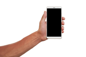 Hand holds the white screen, the mobile phone is isolated on a white background with the clipping path.