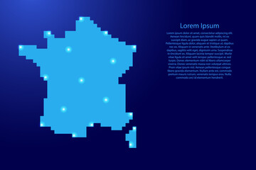 France map silhouette from blue square pixels and glowing stars. Vector illustration.