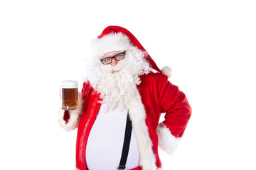 Funny Santa Claus drinks beer.