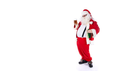 Funny Santa Claus drinks beer.