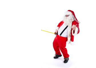 Person in Santa costume posign suggestively with tape measure