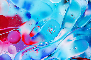 Close-up of the movement of oil droplets on the water surface. Colorful abstract macro background...