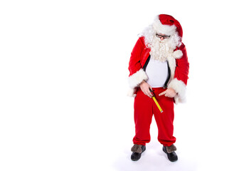 Santa Claus pointing at tape measure over front of pants