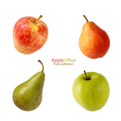 Red, green and yellow fresh pears and apples with water drops isolated on white background.