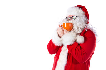 Funny Santa Claus is drinking hot coffee.