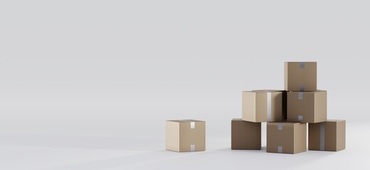 Pile stacked sealed cardboard boxes. Square carton closed, brown packaging for storage, shipping or delivery parcels isolated on white background. Realistic illustration, 3d render