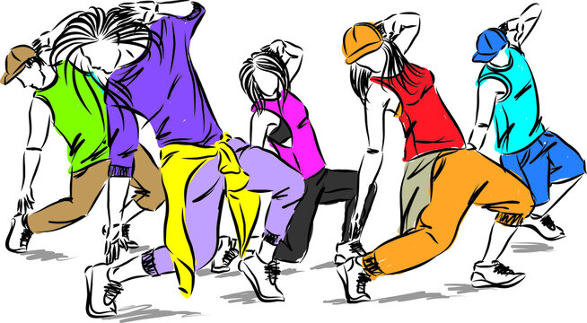 hip hop dancers group posture vector illustration