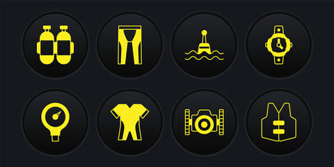 Set Gauge scale, Diving watch, Wetsuit for scuba diving, Photo camera diver, Floating buoy, Life jacket and Aqualung icon. Vector