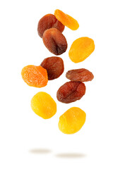 Dried organic apricots produced with and without sulfur flying isolated on white background.