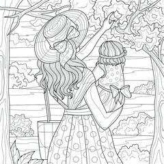 Mom with daughter in her arms in the garden.Coloring book antistress for children and adults. Illustration isolated on white background.Zen-tangle style.