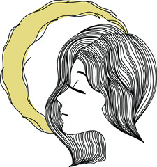 Graphic silhouette of beautiful woman. Moon and flowers queen. Flat style illustration. Fashion luxury. Feminine concept