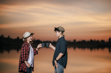 Fototapeta premium Young teenager couple have relax time with camping trip