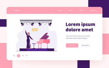 Singer performing on stage. Singing woman, vocalist, great piano. Flat vector illustration. Performance, entertainment, musical show concept for banner, website design or landing web page