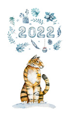 Seamless pattern with exotic animals.Cute tigers. Nature jungle pattern. Childish style.Symbol of 2022. Hand drawn watercolor illustration