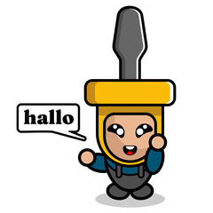 vector simple cute cartoon character screwdriver doodle mascot costume say hello