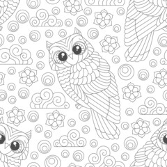 Fototapeta premium Seamless pattern with a cute dark contour owls, flowers and clouds on a white background