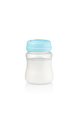 Small baby bottle with milk inside, without bottle nipple, isolated 