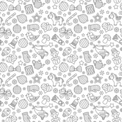 Seamless pattern on the theme of New year and Christmas, dark contour Christmas tree toys and snowflakes on a white background