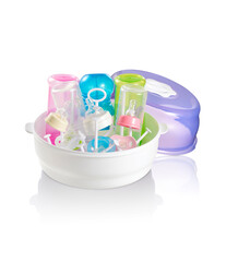 Drying rack with baby bottles and pacifiers inside isolated
