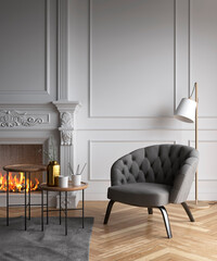 Fototapeta premium White interior living fireplace design herringbone floor armchair 