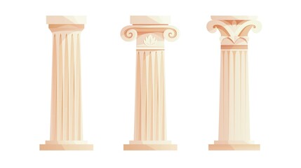 Ancient Greek columns. Roman pillar. Building design elements and decoration. Cartoon vector illustration.