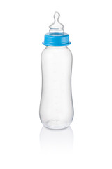 Long baby bottle, with blue ring without cap, isolated 