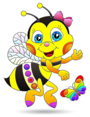 An illustration in the style of a stained glass window with a bright cartoon bee, the animal is isolated on a white background