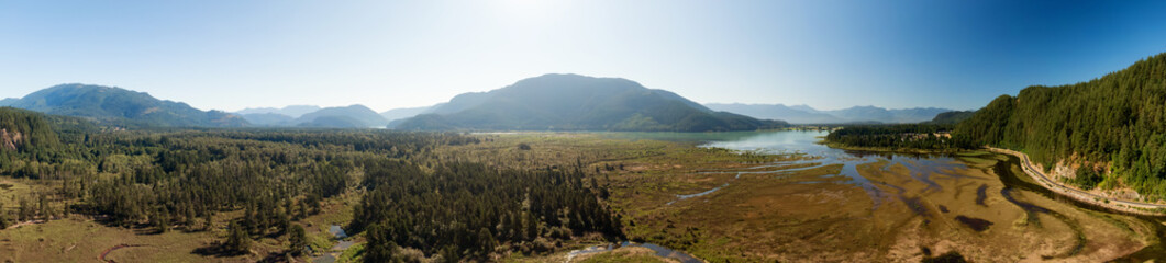 Aerial Panoramic View of Harrison River in Fraser Valley, British Columbia, Canada.