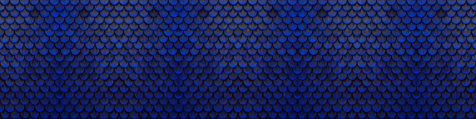 Traditional ecological  consistent cladding of a wall with abstract dark blue black colored painted wooden larch fish scales, wood shingles, clapboard, clapboard texture background banner panorama 3D  © Corri Seizinger