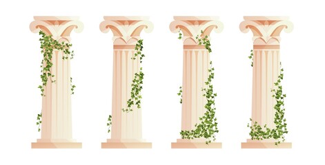 Ancient Greek column with ivy climbing branches. Roman pillar. Building design elements and decoration. Cartoon vector illustration.