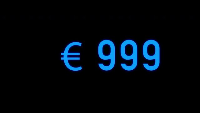 Exponential growth concept. Sliding digits of euro amount growing faster and faster. Blue digits on black background.