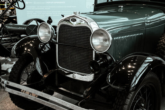 4 June 2019, Moscow, Russia: vehicle grille and headlights of american car Ford A Phaeton 1929