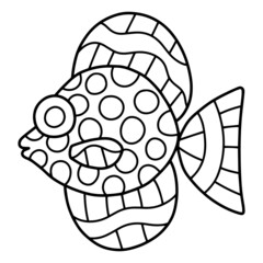 Zebrasoma Gemmatum tropical fish cartoon hand-drawn linear vector illustration. Exotic spotted fish from Indian Ocean black doodle white isolated illustration