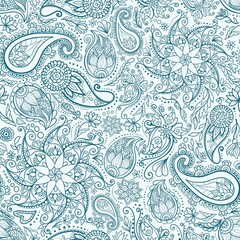 Indian ornamental seamless pattern design in mehendi style with blue outline, raster