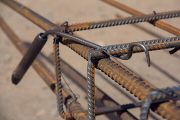 Hook for rebar steel work reinforcement. Reinforcement steel rod. Rebar tying tool. Construction...