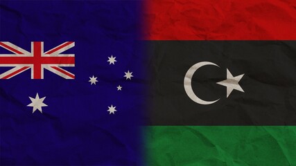 Libya and Australia Flags Together, Crumpled Paper Effect Background 3D Illustration