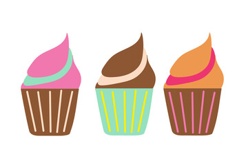 A set of colored cupcakes in a bowl on an isolated background. Baking desserts. Tea time. Design elements. Unhealthy food. Flat illustration.