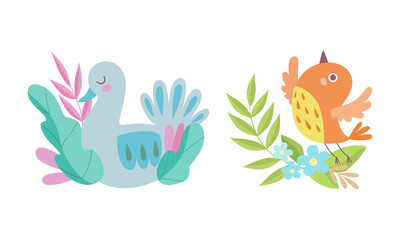 Cute Birdie Sitting in Nest of Floral Twigs Vector Set