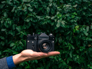 Male hand holding a vintage film camera in the air. Green nature in the background.