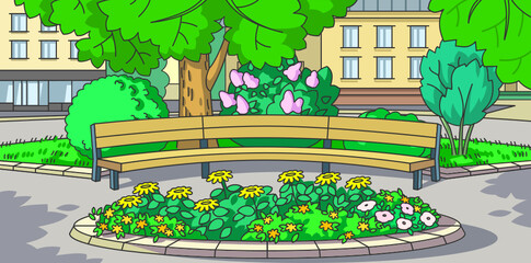 Vector summer cartoon landscape. A bench in the park and houses on the background.